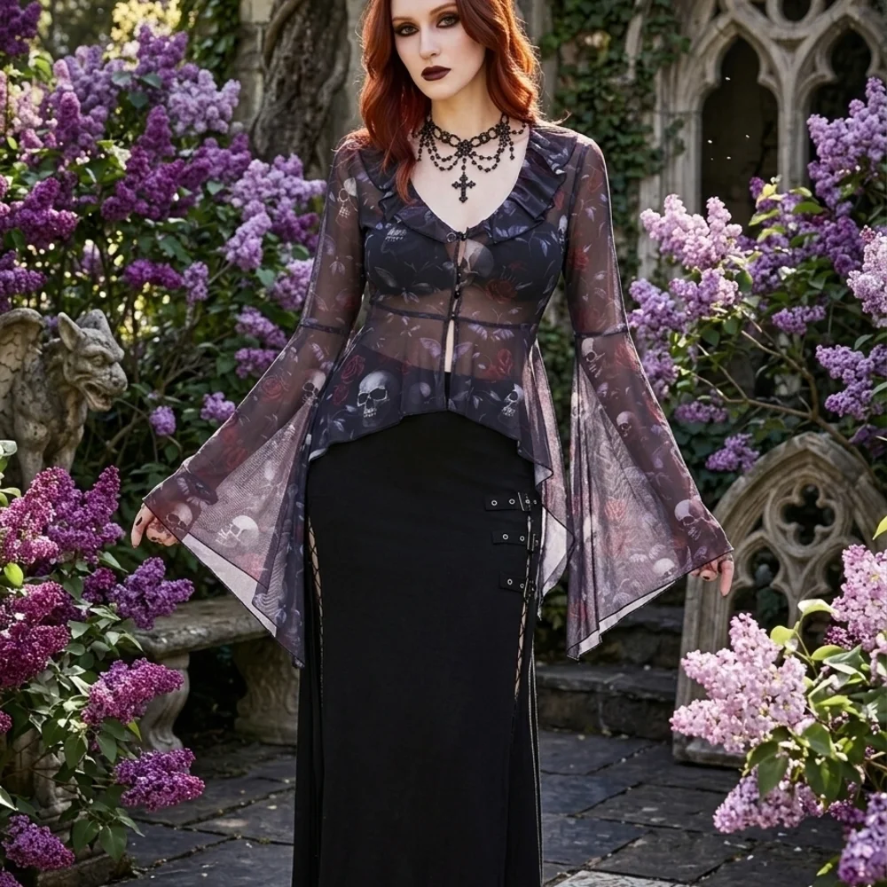 Hot Topic Black Sheer Gothic Skull Ruffle Camisole Top - Picture 2 of 5